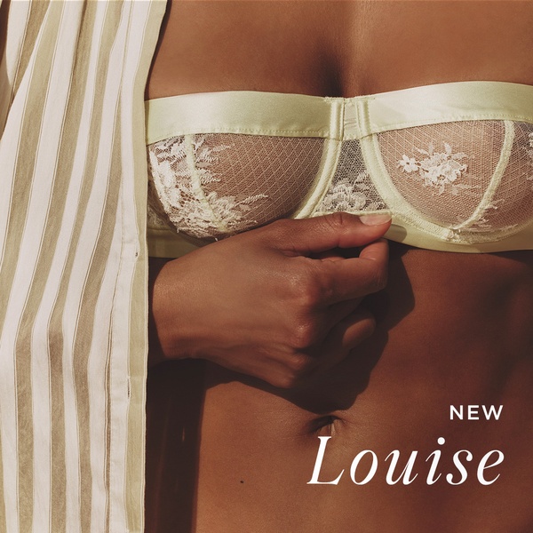A close-up, cropped product hero shot focusing on the lace texture of a soft yellow bra, paired with a matching striped shirt to evoke a natural, relaxed mood.